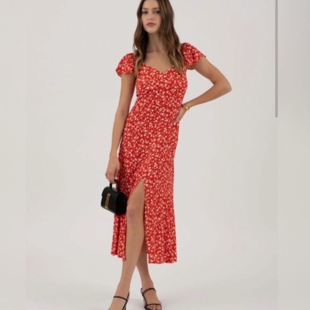 & Other Stories Red Floral Midi Dress Sweetheart Neck 6
